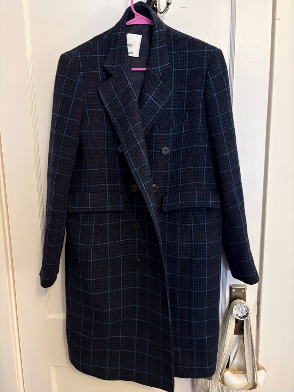 MNG Double Breasted Blue Plaid Coat